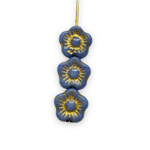 Czech glass hibiscus flower beads 12pc opaque blue gold 10mm