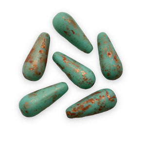 Czech glass large teardrop drop beads 10pc etched turquoise copper 19x8mm