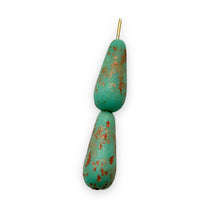 Load image into Gallery viewer, Czech glass large teardrop drop beads 10pc etched turquoise copper 19x8mm
