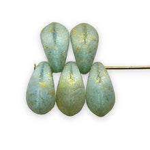 Load image into Gallery viewer, Czech glass curved flower petal drop beads 20pc etched opaline blue gold 13x7mm

