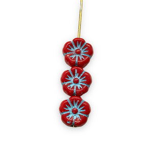 Czech glass hibiscus flower beads 12pc opaque red blue 10mm