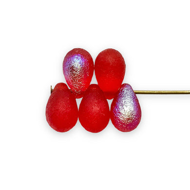 Czech glass acid etched teardrop beads 25pc red AB 9x6mm-Orange Grove Beads
