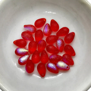 Czech glass acid etched teardrop beads 25pc red AB 9x6mm