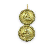 Load image into Gallery viewer, Czech glass sailboat puffed coin beads 4pc white gold wash 20mm
