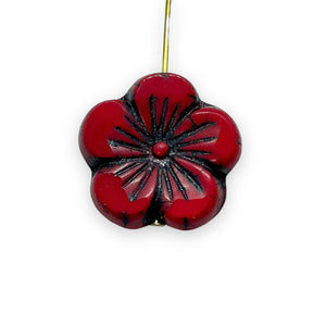 Czech glass XL table cut hibiscus flower beads 4pc red black 21mm
