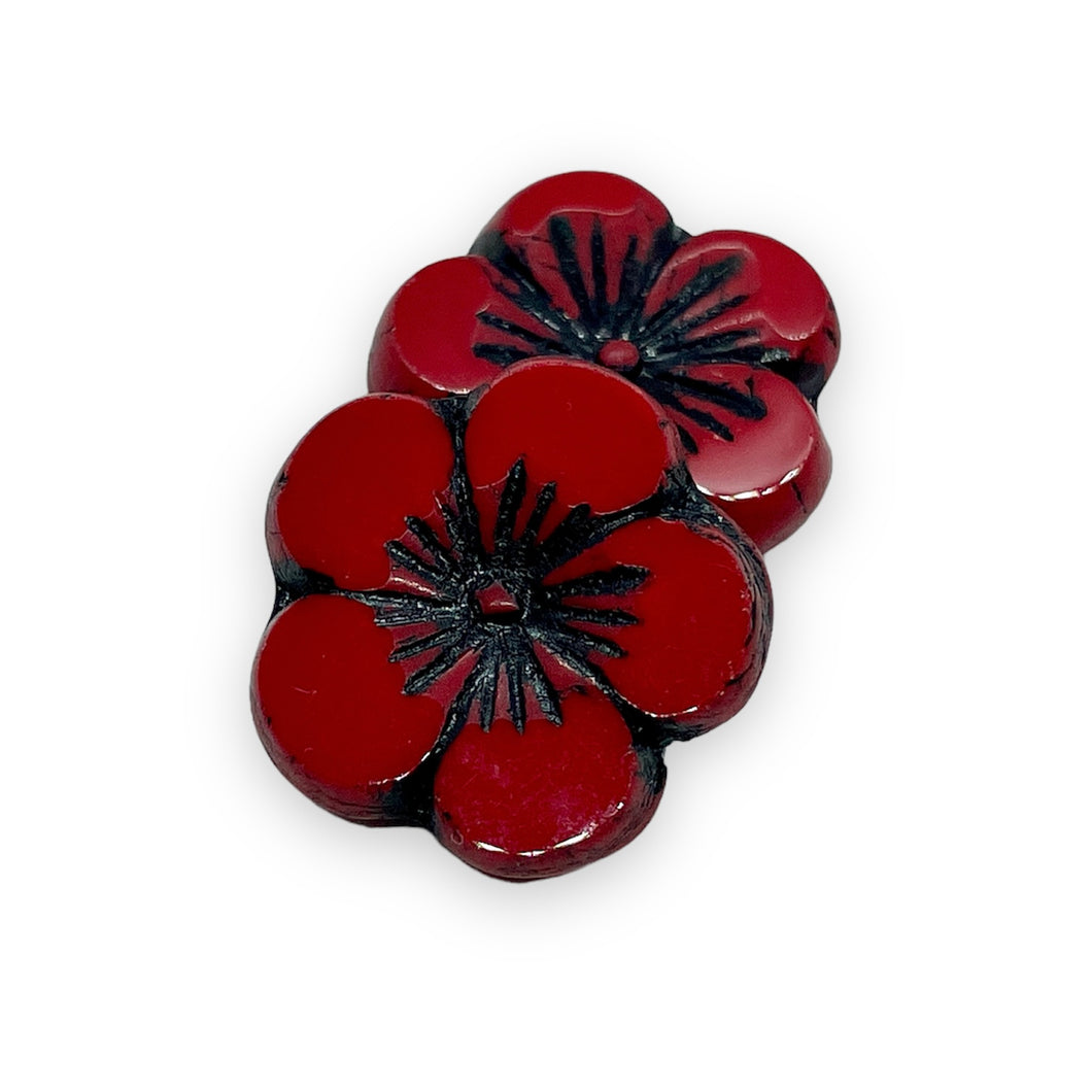 Czech glass XL table cut hibiscus flower beads 4pc red black 20mm-Orange Grove Beads