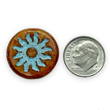 Load image into Gallery viewer, Czech glass sun coin focal beads 2pc orange brown blue 22mm
