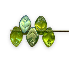 Load image into Gallery viewer, Czech glass leaf beads 25pc olivine green AB 12x7mm
