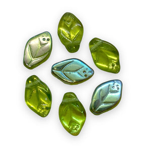 Czech glass leaf beads 25pc olivine green AB 12x7mm-Orange Grove Beads