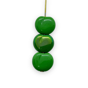 Czech glass flat apple fruit beads 12pc opaque green AB 12x11mm