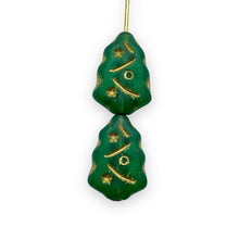 Load image into Gallery viewer, Czech glass Christmas tree beads 10pc frosted emerald green gold
