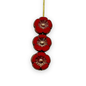 Czech glass table cut hibiscus flower beads 16pc red bronze 9mm