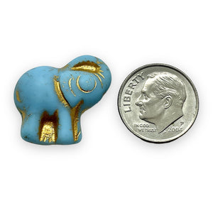 Czech glass elephant beads 4pc sky blue gold 20mm