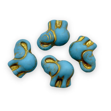 Czech glass elephant beads charms 4pc sky blue gold 20mm vertical drill-Orange Grove Beads