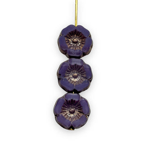 Czech glass table cut hibiscus flower beads 12pc purple bronze 12mm