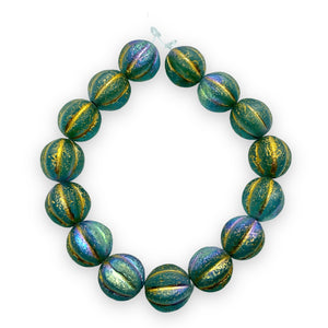 Czech glass acid etched round melon beads 15pc blue AB 12mm