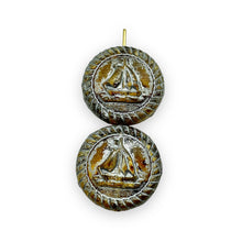 Load image into Gallery viewer, Czech glass sail boat ship coin beads 4pc brown silver wash 20mm
