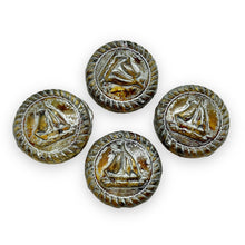Load image into Gallery viewer, Czech glass sail boat ship coin beads 4pc brown silver wash 20mm-Orange Grove Beads
