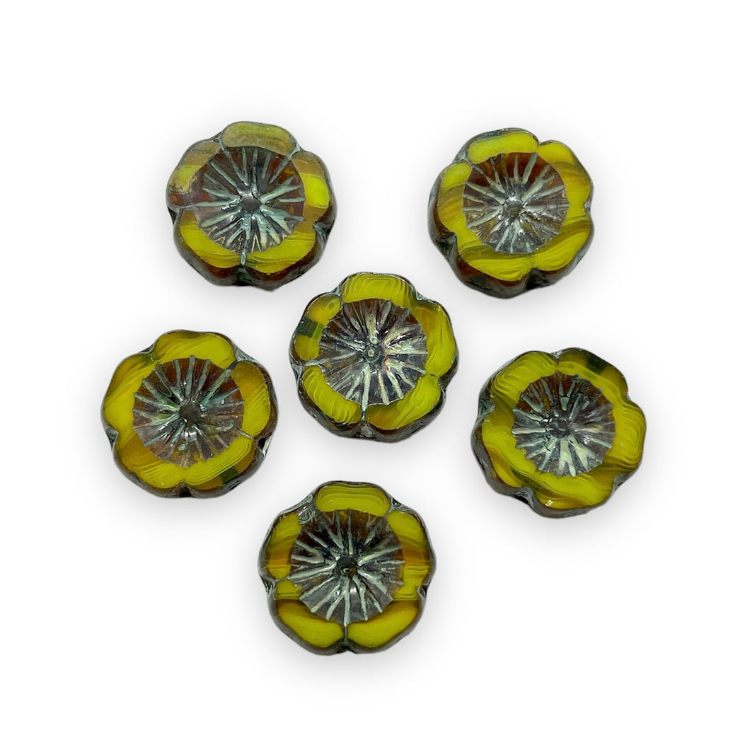 Czech glass table cut hibiscus flower beads 6pc yellow brown picasso 14mm-Orange Grove Beads