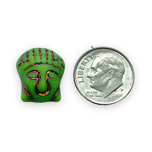 Czech glass Buddha head beads 6pc green sliperit 15x14mm