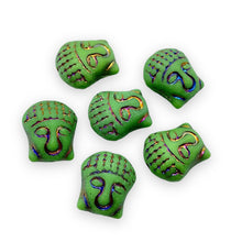 Load image into Gallery viewer, Czech glass Buddha head beads 4pc green sliperit 15x14mm-Orange Grove Beads
