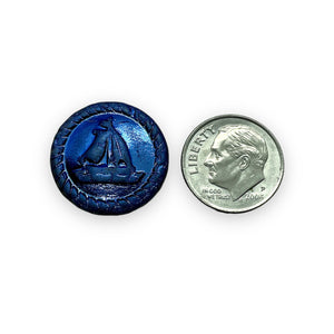 Czech glass sail boat ship coin beads 4pc black blue AB 20mm