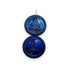 Czech glass sail boat ship coin beads 4pc black blue AB 20mm