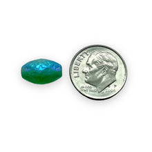 Load image into Gallery viewer, Czech glass faceted oval beads 12pc acid etched green AB 12x8mm
