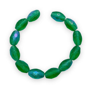 Czech glass faceted oval beads 12pc acid etched green AB 12x8mm
