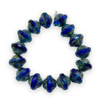 Load image into Gallery viewer, Czech glass faceted saturn turbine beads 15pc blue picasso 10x8mm
