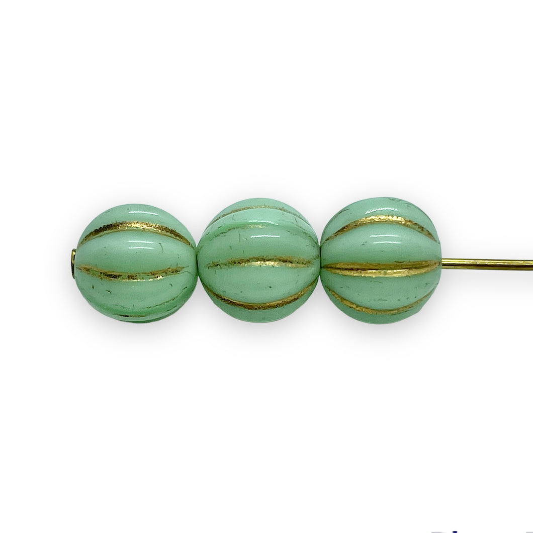 Czech glass melon beads 20pc mint green gold UV 8mm-Orange Grove Beads