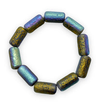 Load image into Gallery viewer, Czech glass tube beads 10pc acid etched crystal gold AB 14x7mm
