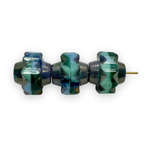 Load image into Gallery viewer, Czech glass faceted crown beads 4pc teal blue bronze 15x13mm
