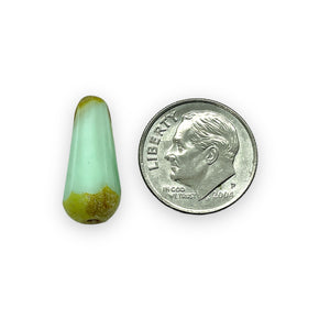 Czech glass faceted teardrop beads 6pc mint green picasso UV 24x13mm