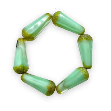 Czech glass faceted teardrop beads 6pc mint green picasso UV 24x13mm-Orange Grove beads