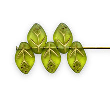 Load image into Gallery viewer, Czech glass leaf beads 25pc frosted olivine green gold 12x7mm
