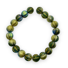 Load image into Gallery viewer, Czech glass acid etched round melon beads 20pc blue AB gold 8mm
