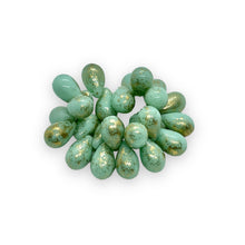 Load image into Gallery viewer, Czech glass teardrop beads 25pc mint green with gold 9x6mm
