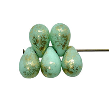 Load image into Gallery viewer, Czech glass teardrop beads 25pc mint green with gold 9x6mm UV reactive-Orange Grove Beads

