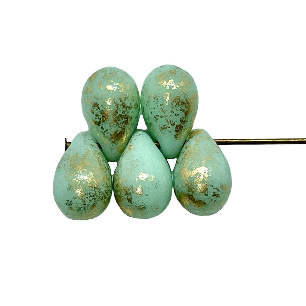 Czech glass teardrop beads 25pc mint green with gold 9x6mm UV reactive-Orange Grove Beads