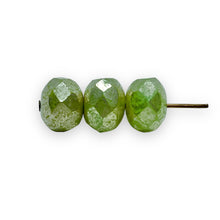 Load image into Gallery viewer, Czech glass faceted rondelle beads 25pc green with silver mercury 8x6mm UV glow
