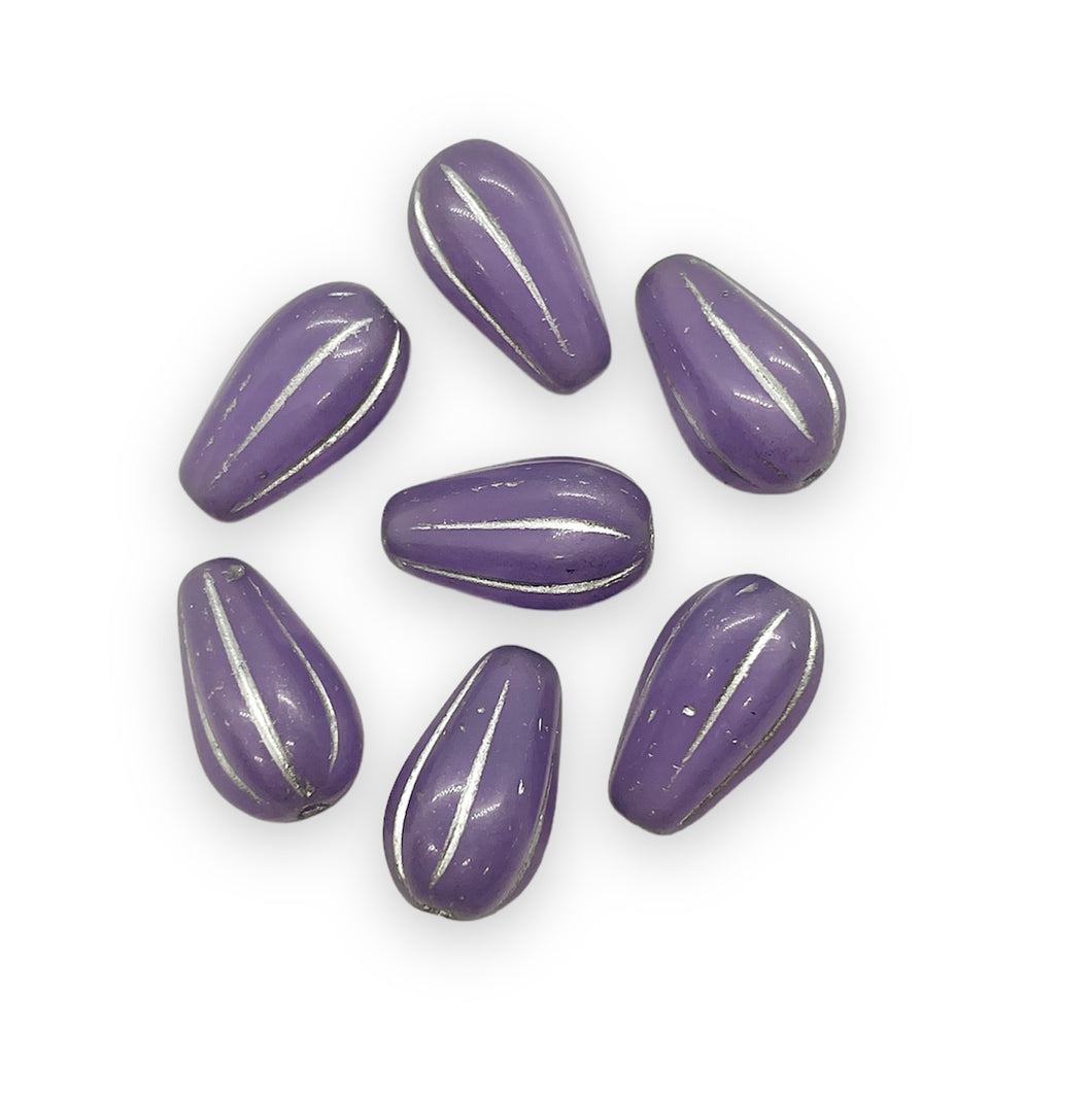 Czech glass large melon drop beads 10pc purple silver 15x8mm-Orange Grove Beads