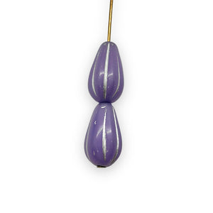 Czech glass large melon drop beads 10pc purple silver 15x8mm