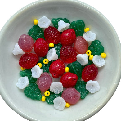 Czech glass strawberry fruit beads 36pc leaves & flowers charms #2-Orange Grove Beads