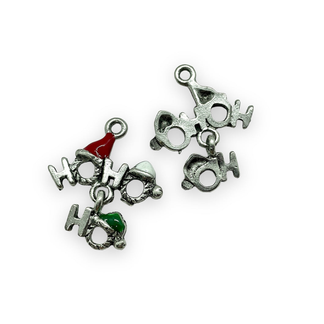 HO HO HO Christmas Santa hat charm pendant 2pc antique silver lead free pewter 21x13mm USA made-Orange Grove Bead