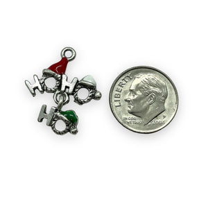 HO HO HO Christmas Santa hat charm 2pc antique silver pewter 21x13mm