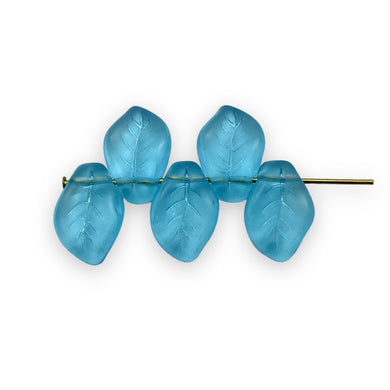 Czech glass wavy leaf beads 20pc frosted translucent aqua blue 14x9mm-Orange Grove Beads