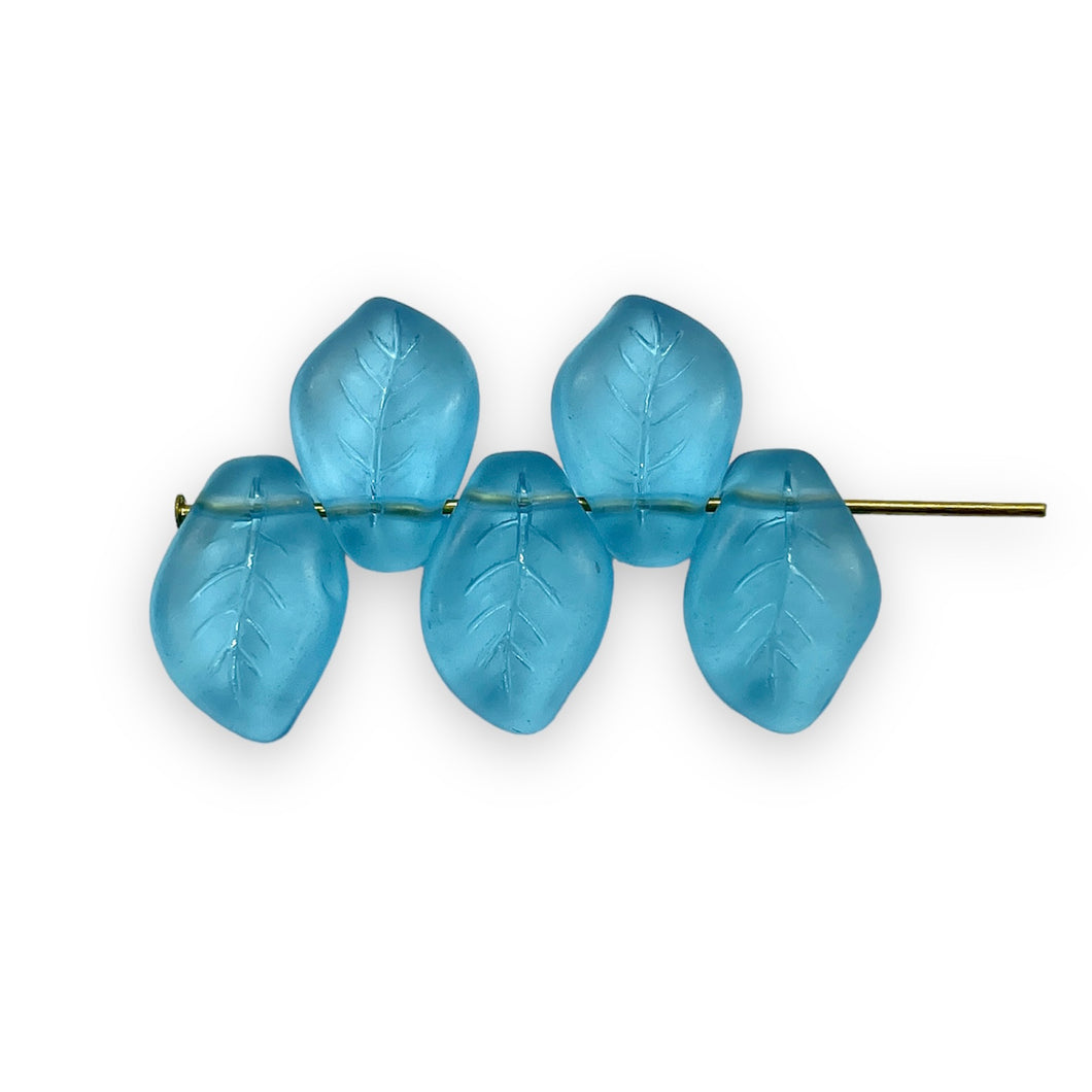 Czech glass wavy leaf beads 20pc frosted translucent aqua blue 14x9mm-Orange Grove Beads