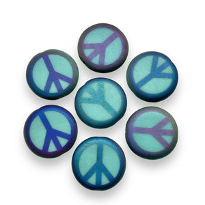 Czech glass laser tattoo peace sign coin beads 8pc turquoise sliperit 17mm