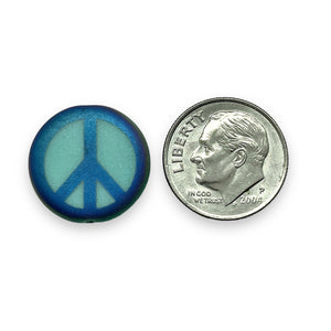 Czech glass laser tattoo peace sign coin beads 8pc turquoise sliperit 17mm